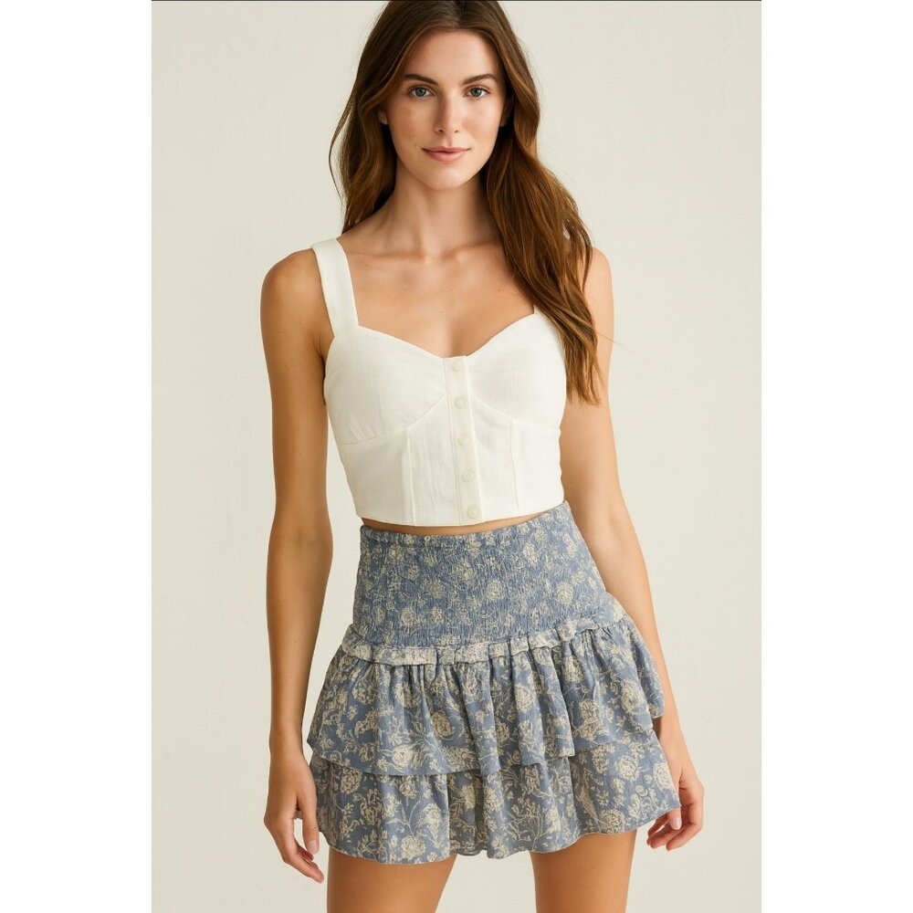 Unsubscribed Poplin Tiered Mini Skirt Grey Floral Print, Size 4